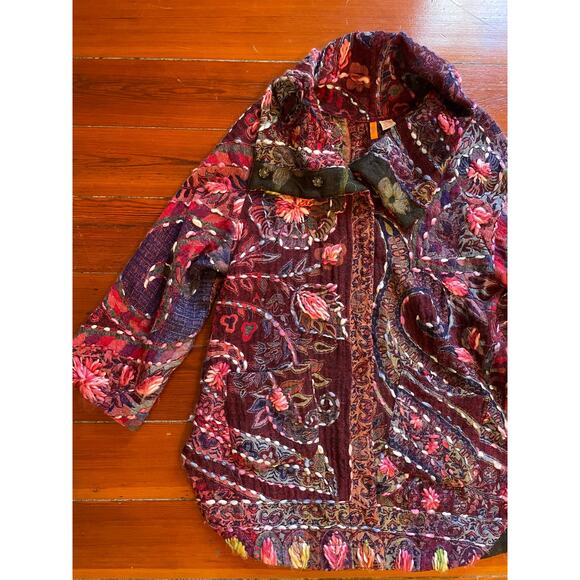SAINU Wool Embroidered Boho Coat Jacket Burgundy Floral Paisley Size M - Picture 2 of 13